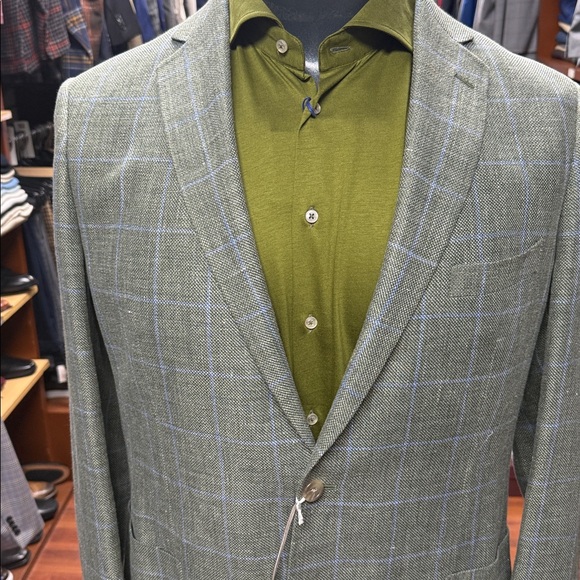 Men's Green Plaid Blazer linen and wool - Picture 2 of 14